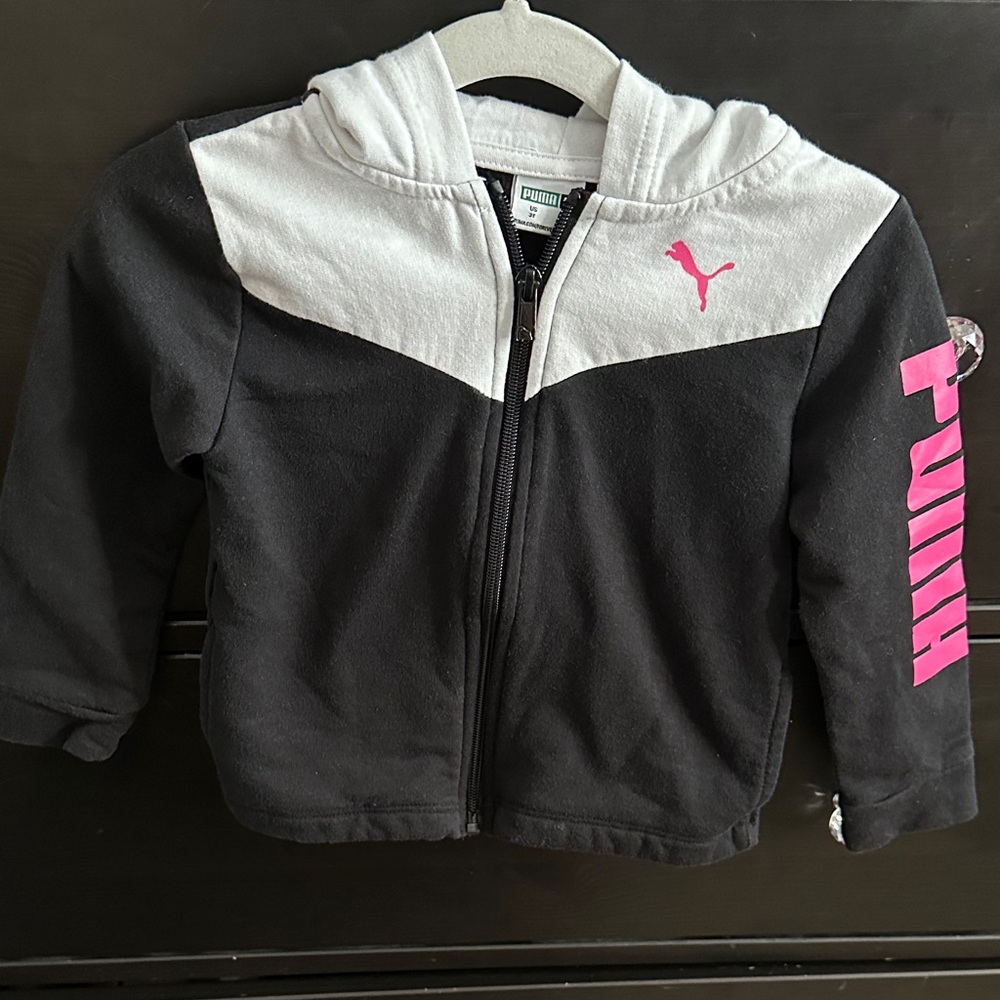 Puma Kids Black and White Hoodie with Pink Logo